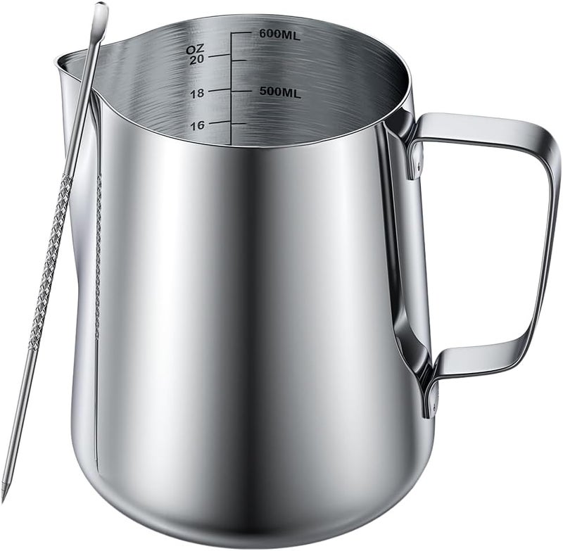 cicike 20 Ounces Stainless Steel Milk Frothing Pitcher, Measurements on Both Sides, Espresso Machine Accessories, Latte Art Cup with Insulated Handle, Creamer Pitcher for Single-Serve, No-drip or Spillage - Image 1
